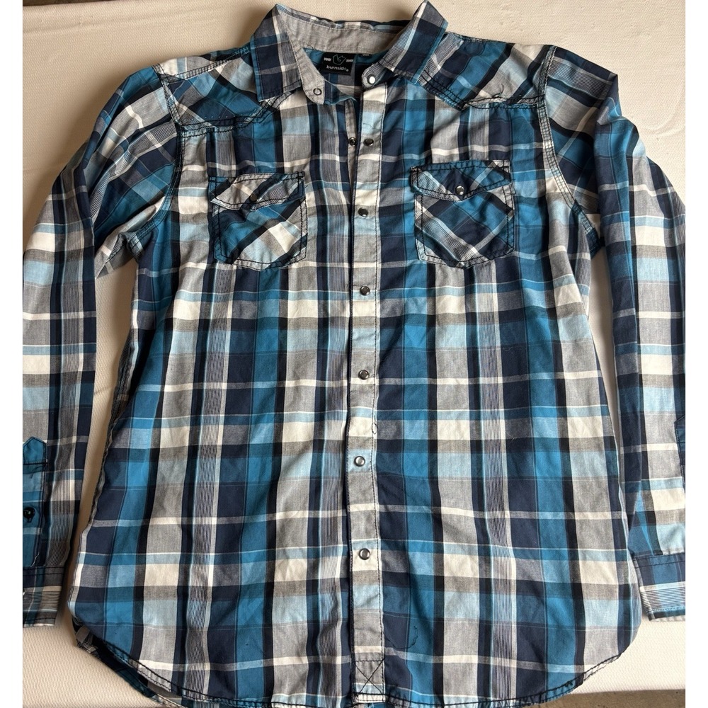 Burnside Mens Blue Plaid Western Pearl Snap Long Sleeve Button Down Shirt Large